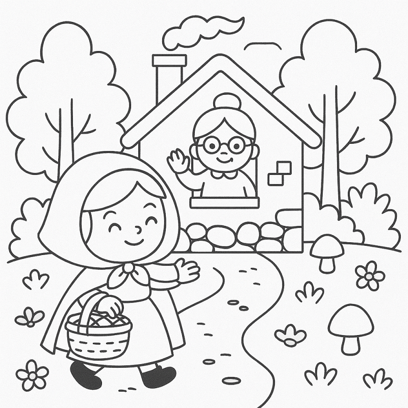 Desenho para colorir de Chapeuzinho Vermelho acenando em um caminho encantado