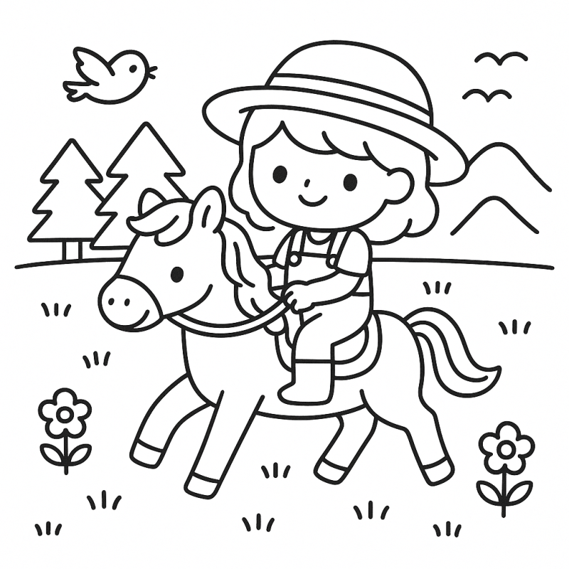 Criança Feliz a Cavalo em um Cenário de Fazendinha