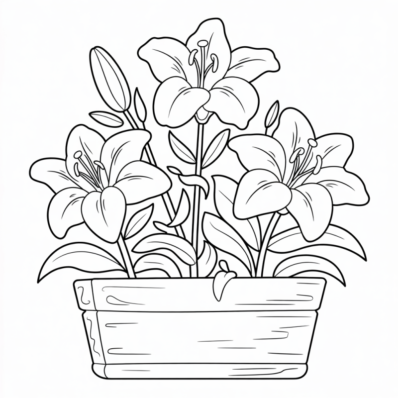 Desenho de lírios em vaso para colorir - Pintar e Colorir