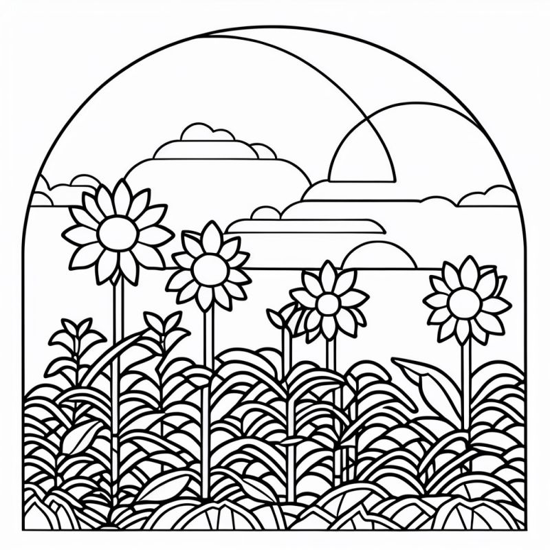 Paisagem de plantação de girassóis vista pela janela, desenho em preto e branco para colorir