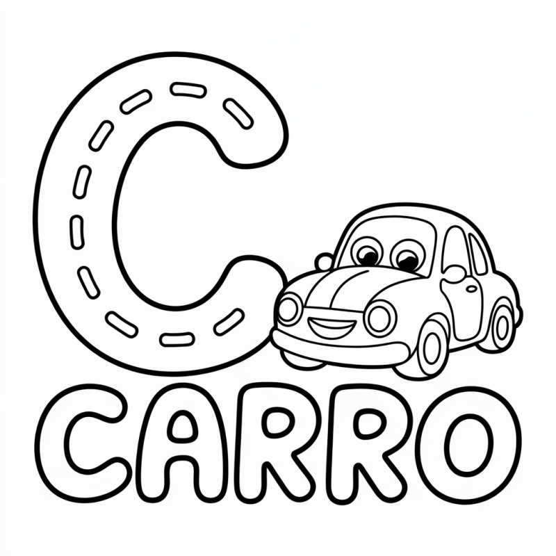 Desenho da Letra C divertida com carro para colorir