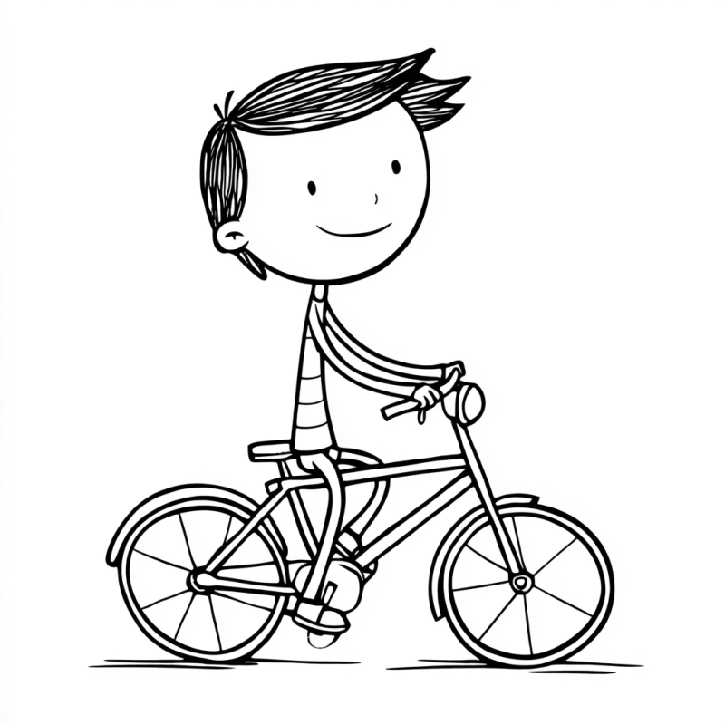 Desenho para colorir de um menino andando de bicicleta com sorriso amigável