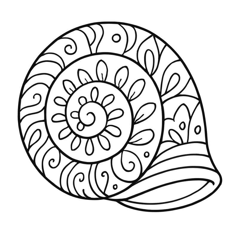 Desenho de concha artística para colorir, com padrões detalhados e harmoniosos.