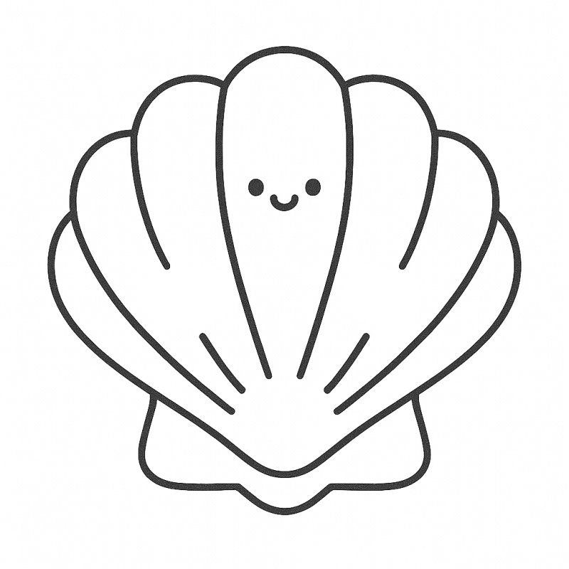 Imagem de uma concha estilizada com rosto sorridente para colorir