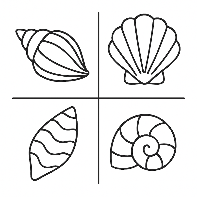 Desenho de conchas em espiral para colorir, com quatro estilos distintos