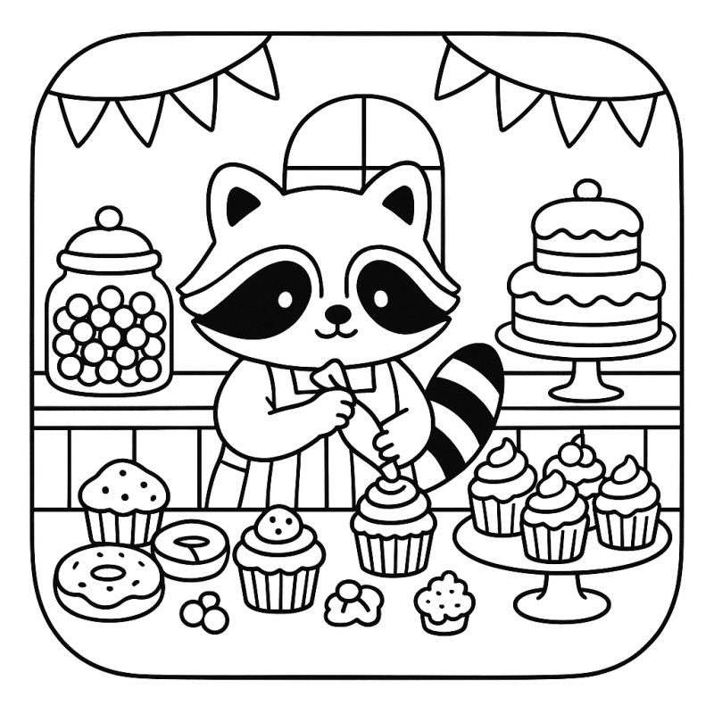 Guaxinim adorável confeiteiro decorando cupcakes em confeitaria