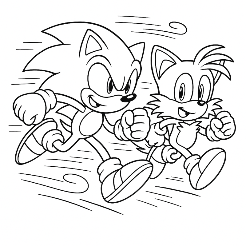 Desenho para colorir do Sonic e Tails correndo lado a lado