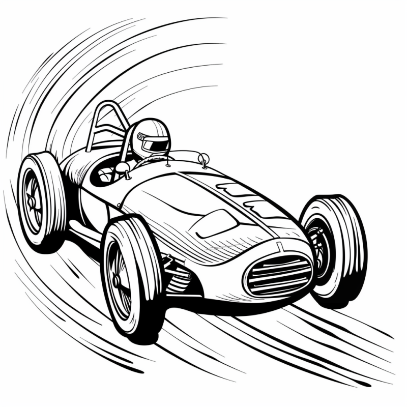 Desenho de carro de corrida clássico em ação para colorir