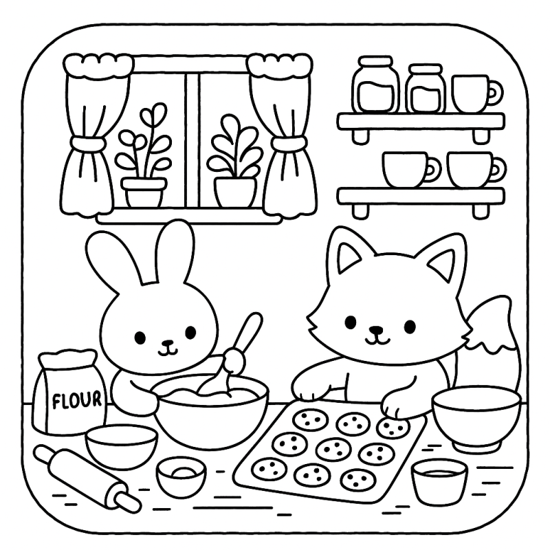 Cozinha Fofa com Coelho e Gato para Colorir Cena de cozinha fofa com coelho e gato em atividades culinárias para colorir