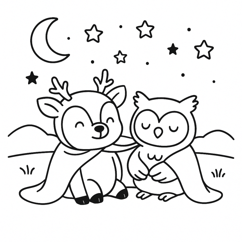 Desenho adorável de dois Cozy Friends em cena noturna para colorir