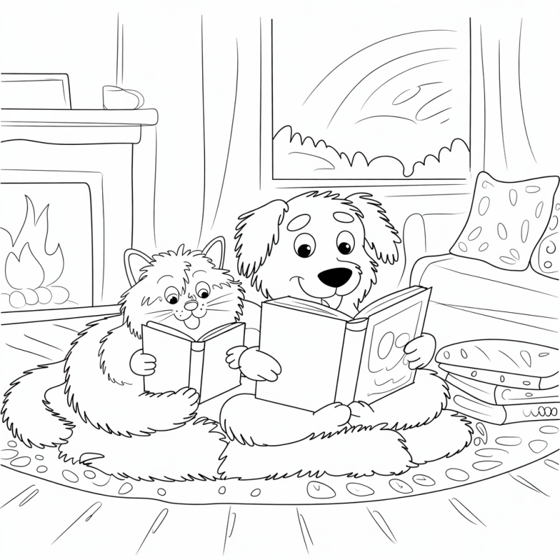 Desenho de cachorro e gato lendo na sala com lareira para colorir