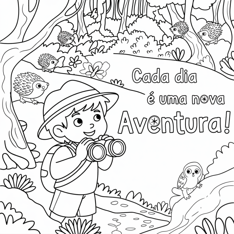 Desenho para colorir de criança exploradora na floresta com animais e mensagem positiva