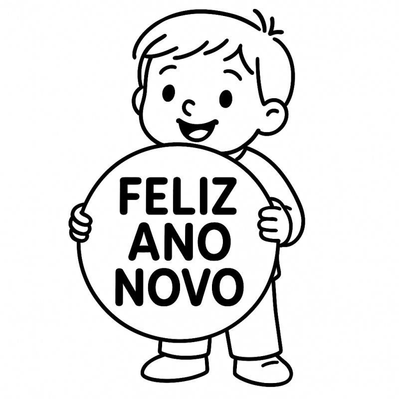 Desenho de uma criança com círculo e mensagem Feliz Ano Novo 2026 para colorir