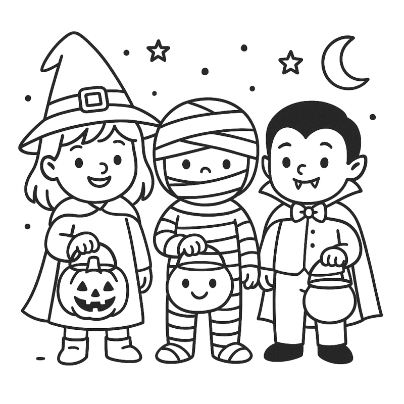 Divirta-se Colorindo Crianças Fantasiadas no Halloween! Desenho de crianças fantasiadas no Halloween com bruxa, múmia e vampiro