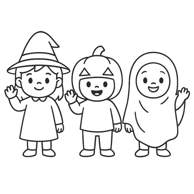 Desenho de Crianças Fantasiadas de Halloween Crianças com fantasias de Halloween prontas para colorir