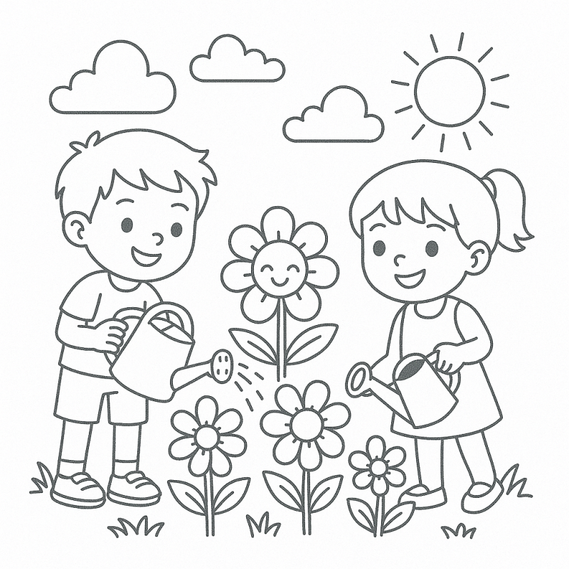 Desenho de crianças regando flores para colorir