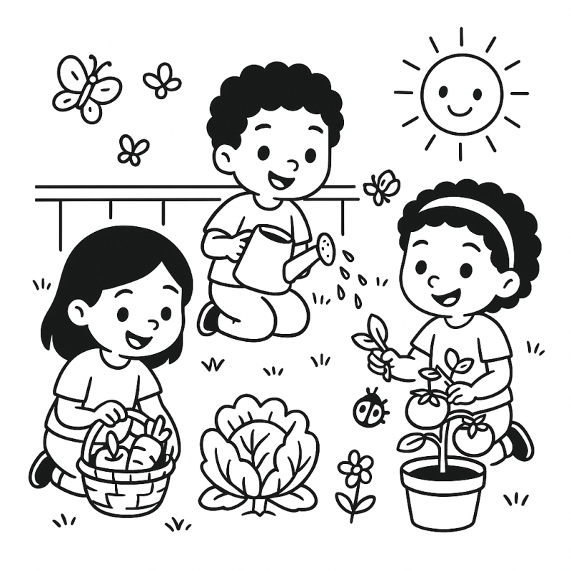 Três crianças se divertindo em atividades de jardinagem em um cenário alegre e educativo.