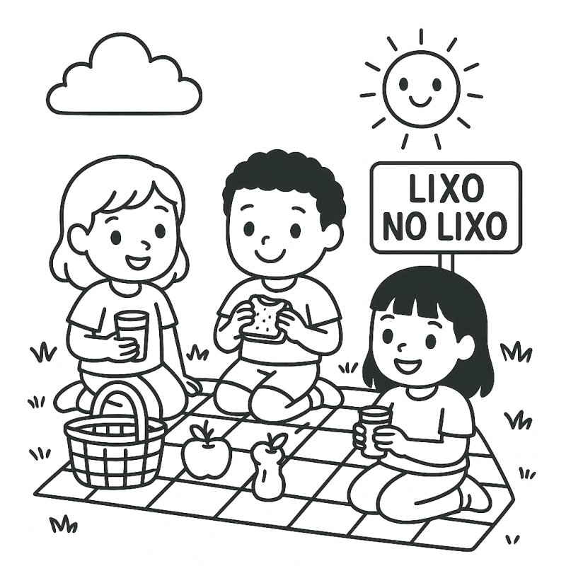 Desenho de três crianças em um piquenique para colorir