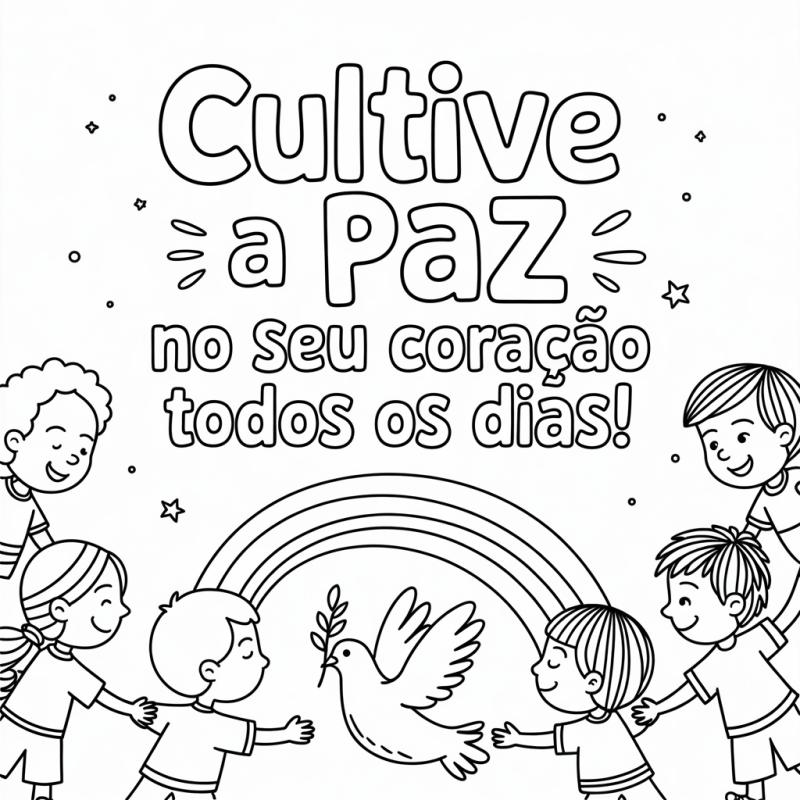 Desenho de crianças e pomba simbolizando paz para colorir