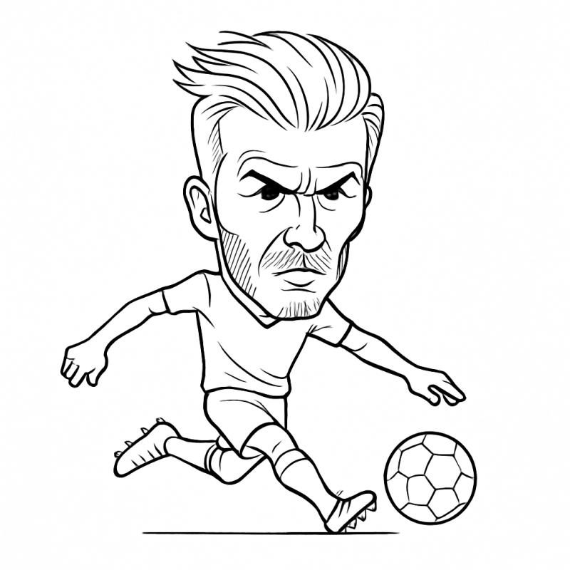 Desenho em caricatura de David Beckham em movimento chutando a bola