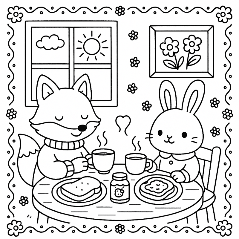 Cena fofa com raposa e coelho compartilhando café da manhã