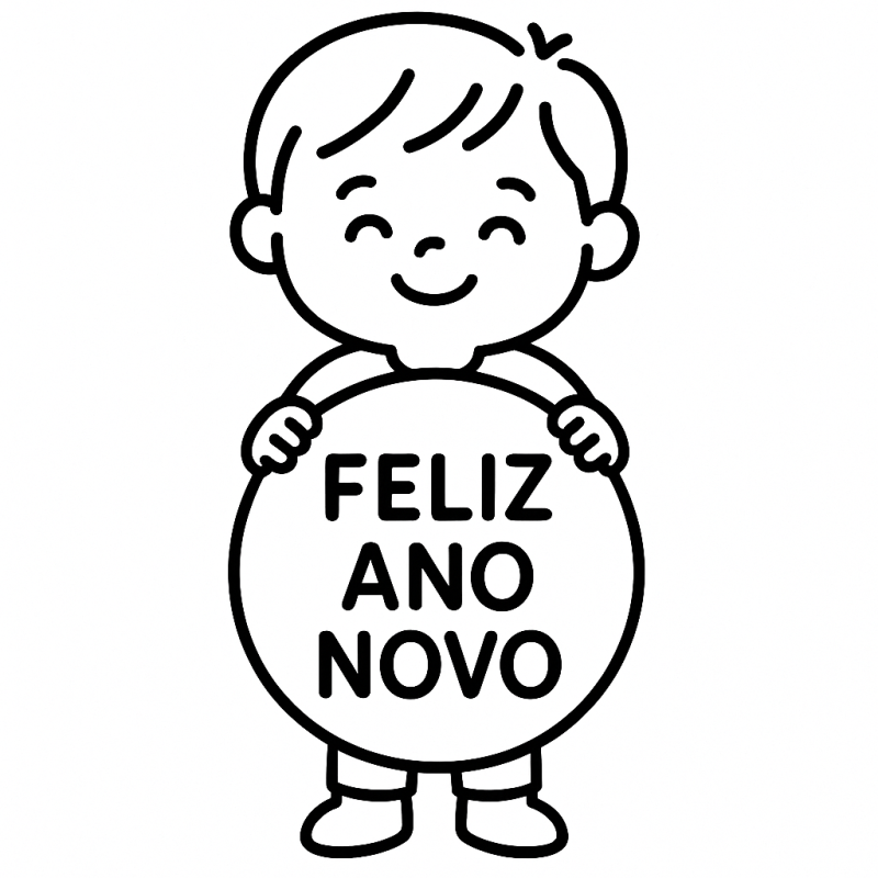 Desenho de criança sorridente segurando mensagem de Feliz Ano Novo