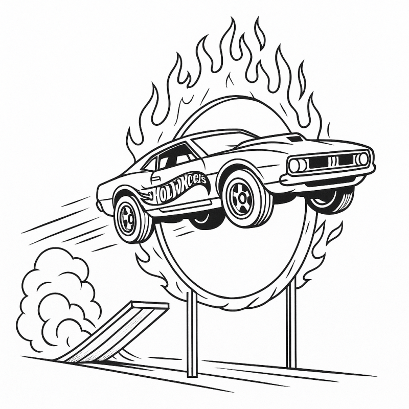 Carrinho Hot Wheels saltando por um anel de fogo