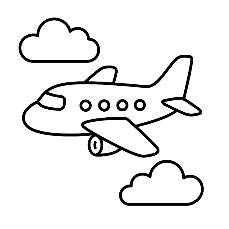 Desenho de um avião clássico em voo com nuvens ao redor para colorir