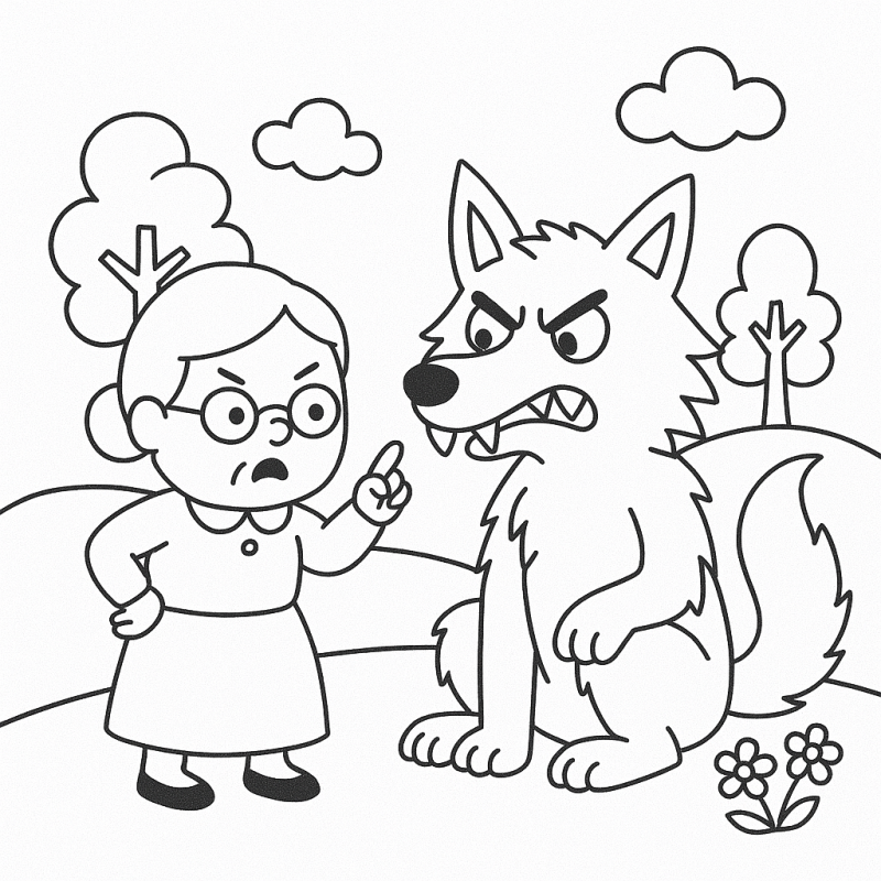 Desenho para colorir vovó de chapeuzinho vermelho dando bronca no lobo mau