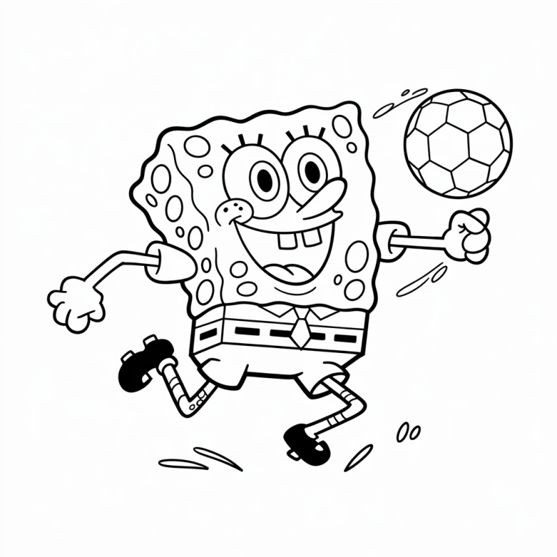 Bob Esponja jogando futebol com uma bola na mão e expressão animada