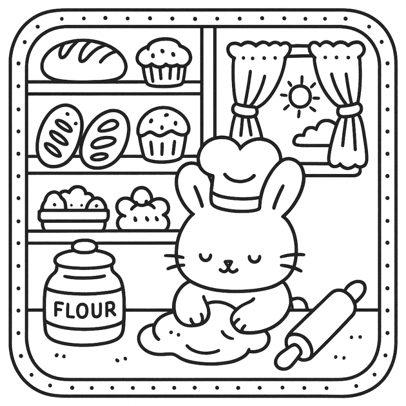 Cenário de padaria com coelhinho chef preparando massa na mesa