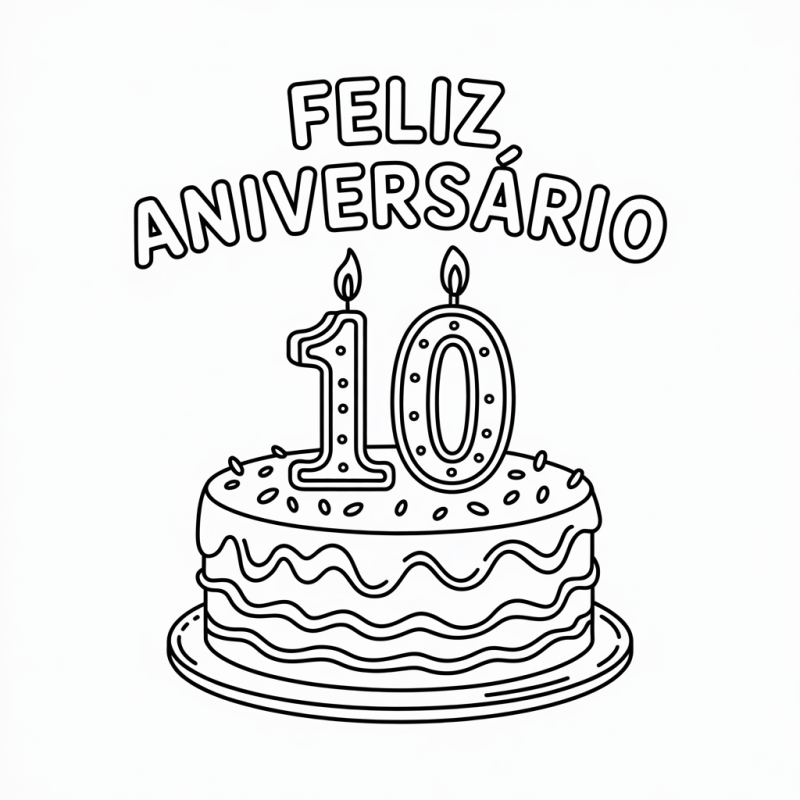 Colorir Bolo de Aniversário de 10 Anos – Criatividade e Alegria