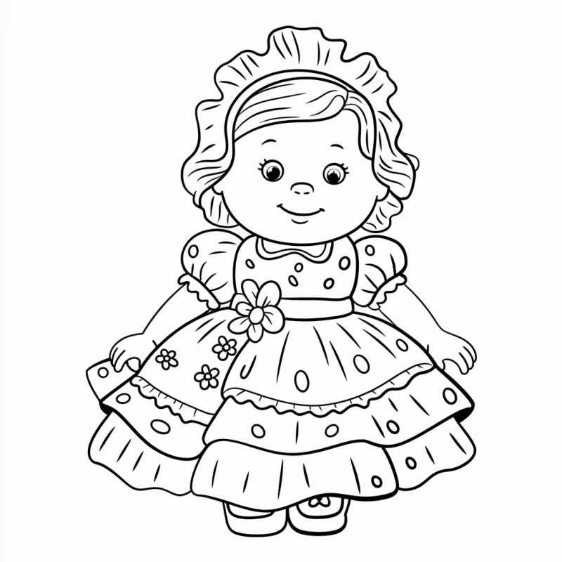 Boneca estilizada para colorir com vestido exclusivo e detalhes encantadores.