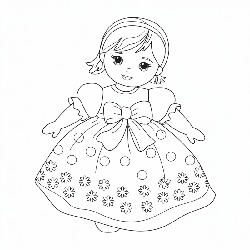 Desenho de boneca estilizada com vestido longo e volumoso para colorir