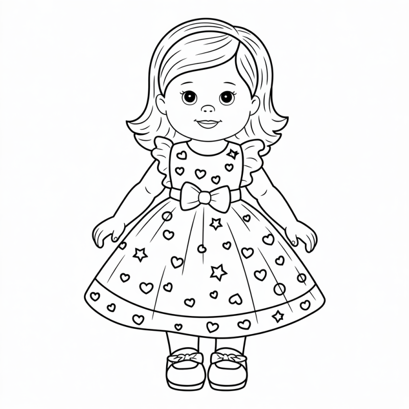 Desenho de boneca com vestido elegante para colorir, destacando detalhes de corações e estrelas.