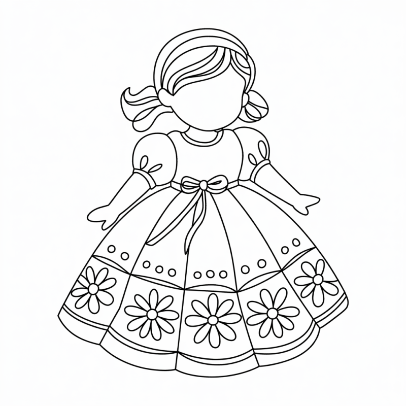 Desenho de boneca sem rosto com vestido detalhado para colorir