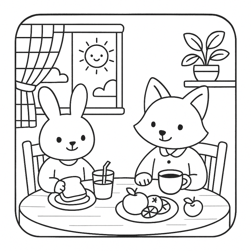 Desenho estilo boobie goods de café da manhã com coelho e raposa