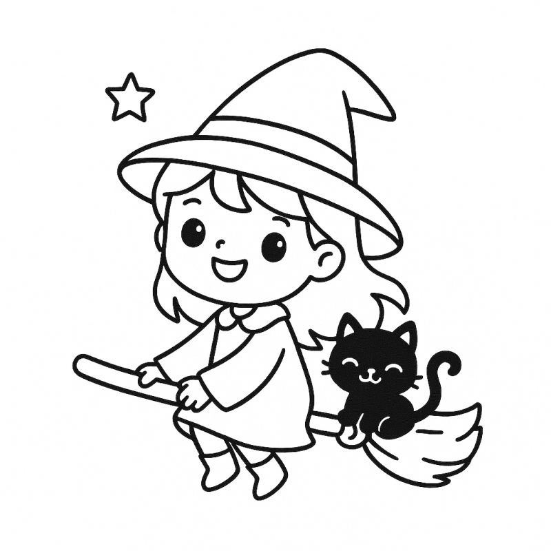 Desenho de Bruxinha no Halloween para Colorir Desenho de uma bruxinha alegre com gatinho sentada em uma vassoura mágica no Halloween