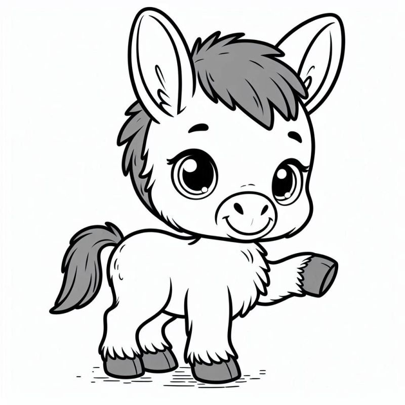 Desenho fofo de burro em perfil, ideal para colorir e imprimir grátis.