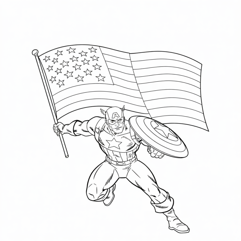 Desenho do Capitão América avançando com escudo e bandeira
