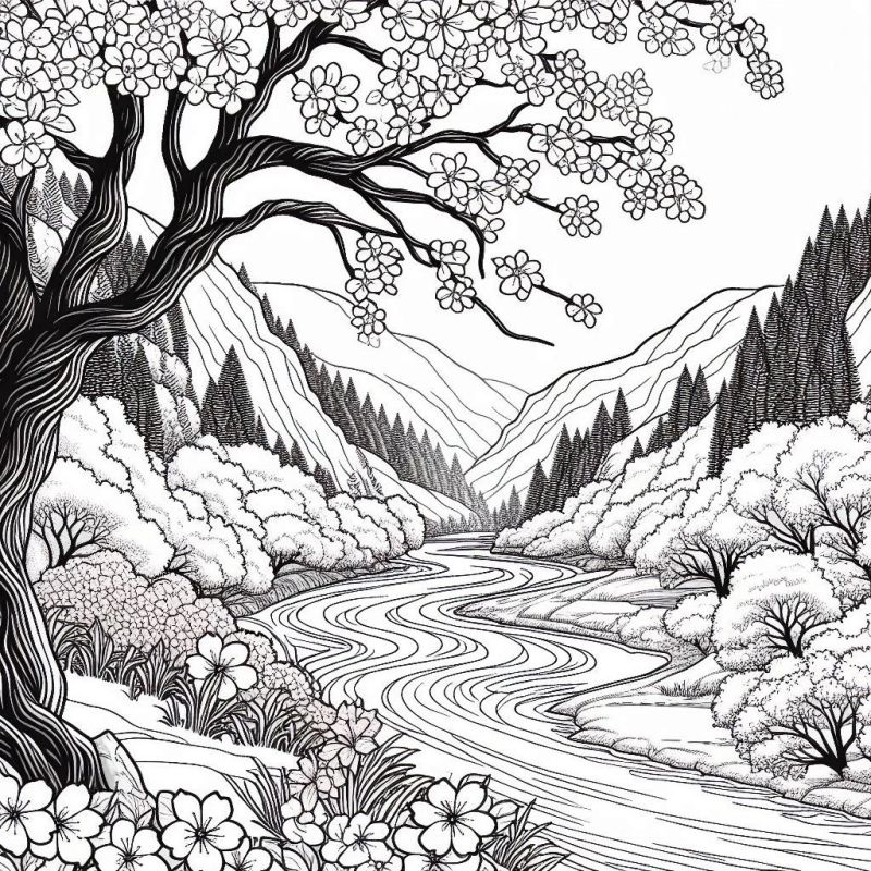 Imagem de um cenário natural com rio, árvores e montanhas para colorir