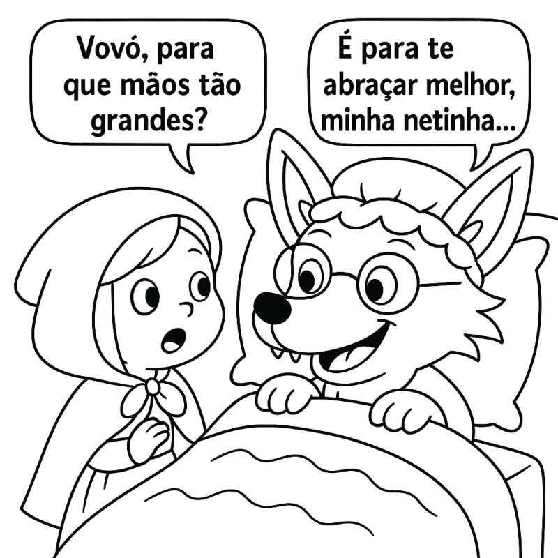Desenho para colorir de Chapeuzinho Vermelho e lobo disfarçado de vovó.