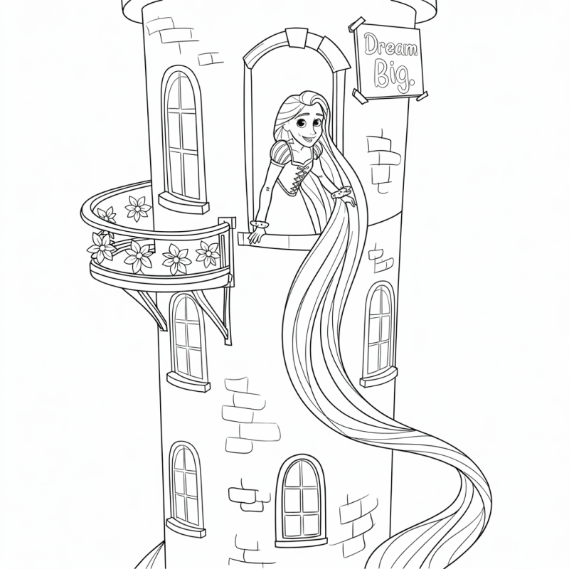 Desenho para colorir de Rapunzel na torre com cabelos longos e flores