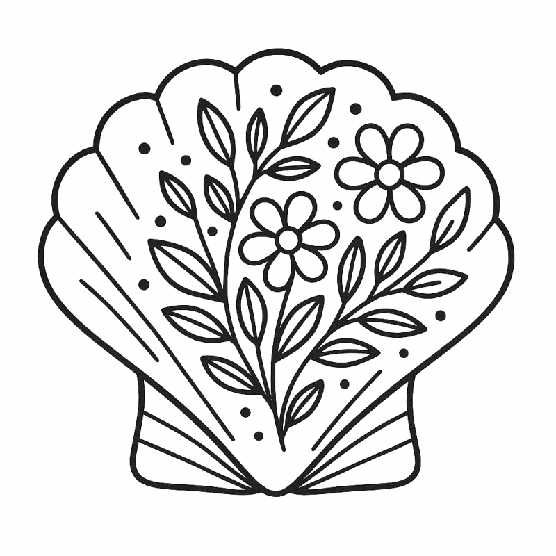 Desenho de Concha Estilizada com Flores para Colorir