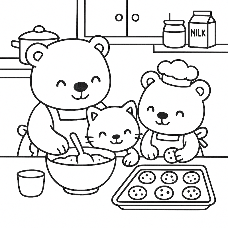 Ursinho e gatinho cozinhando juntos com alegria