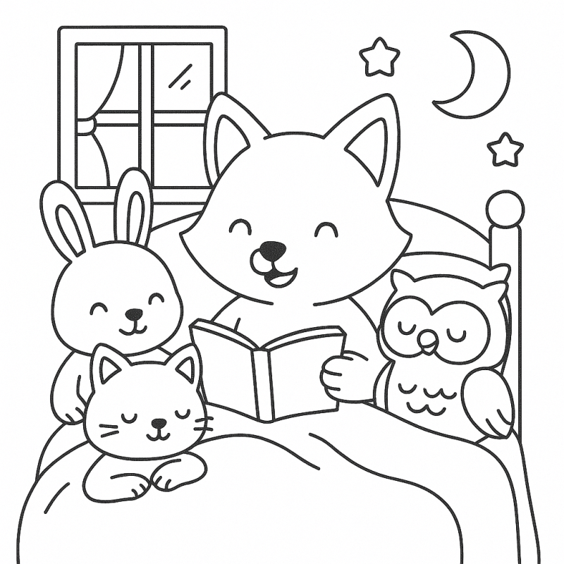 Cena adorável de amigos Cozy lendo à noite para colorir