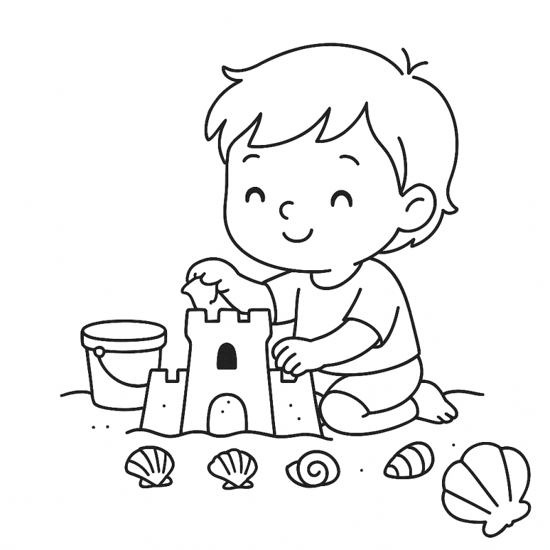 Desenho de criança sorrindo na praia com concha para colorir