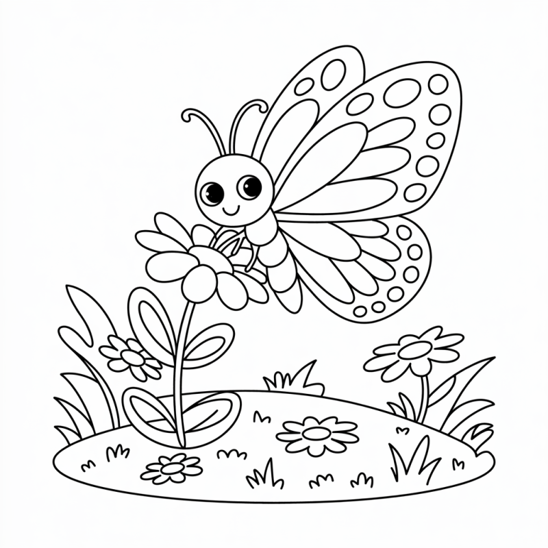 Desenho de borboleta sorridente sobre uma flor para colorir