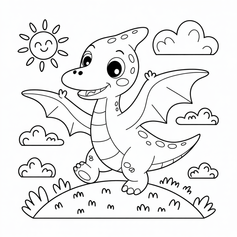 Desenho de dinossauro sorridente com asas, de pé na colina, para colorir.