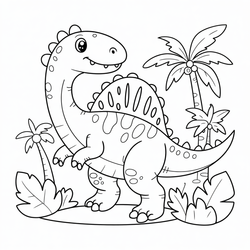 Desenho de dinossauro simpático com palmeiras para colorir